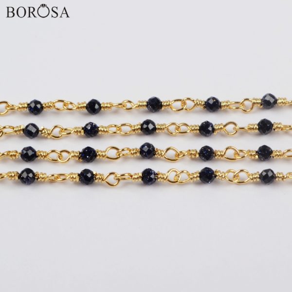 BOROSA 3Meters 2mm Blue Sand Stone Beads Faceted Brass Chains Beaded Chains Jewelry Accessories JT249 1