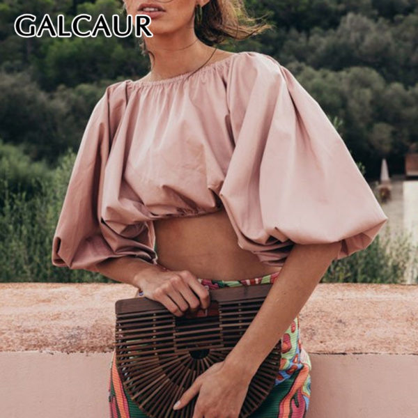 GALCAUR Solid Sexy Blouses For Female O Neck Lantern Three Quarter Sleeve Backless Women's Casual Short Shirts 2021 Autumn New 1