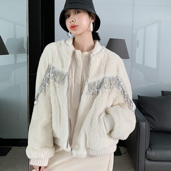 Rex Rabbit Fur Jacket Winter 2022 Tassel Sequined Full Pelt Cropped Coat Zipper Casual Real Fur Overcoats Women's Clothing 2