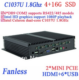 Wide application IPC mini pc 4G RAM 16G SSD fanless INTEL Celeron C1037u 1.8 GHz VGA HDMI RJ45 usb 6*COM windows Linux 1