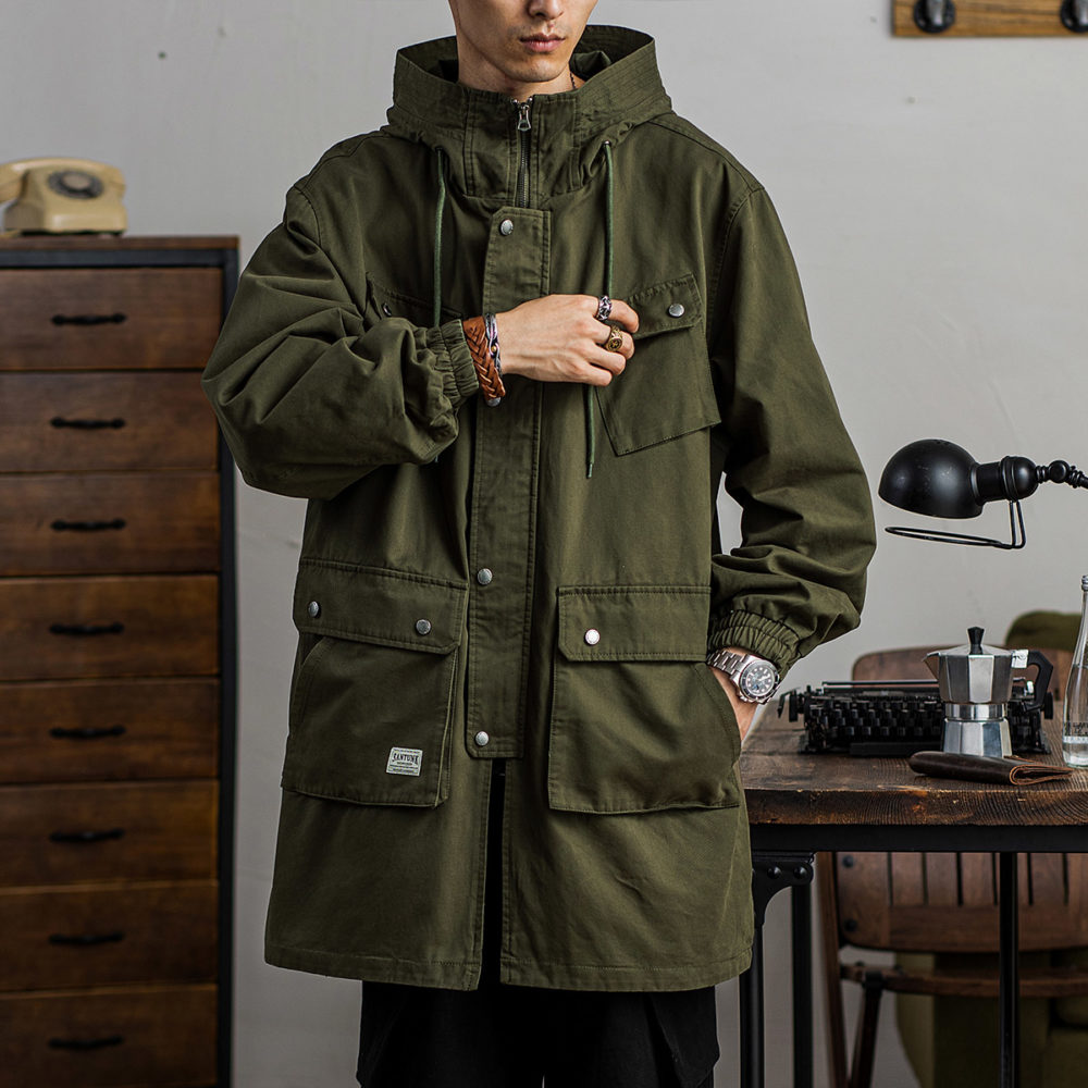 Men's Military Tactical Hooded Trench Coat Zipper Mid-length Casual Windbreaker for Autumn and Spring Vintage Clothes Parka 4