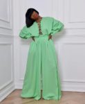 Echoine Green Long Sleeve Lantem Sleeve Bandage Cross Lace Up Hollow Out Blouse Shirt Top Wide Leg Pants Two Piece Set S-5XL 1