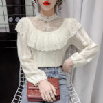 Lace Blouse Women Korean Elegant Style Shirt Female Spring 2021 New Mesh Splicing Ruffled Sweet Temperament Tops White Autumn 2