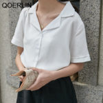 QOERLIN Summer Korean Chic Loose Temperament Short Sleeve White Chiffon Shirt Women's Solid Peter Pan Collar Single Breasted Top 1