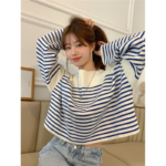 Blue Striped Stitching Sweater Women's Spring and Autumn 2022 New Loose Knitted Round Neck Long-sleeved Pullover Top Female 4