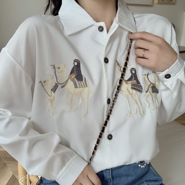 Harajuku Streetwear Blouses Women Embroidery White Shirt Long Sleeve Casual Loose Female Korean Style Blusas Spring Woman Shirts 1