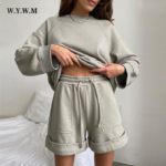 WYWM Spring Summer Cotton Sets Women 2022 New Loose Two Pieces Solid Sweatshirt & High Waist Shorts Pants Suits Casual Tracksuit 2