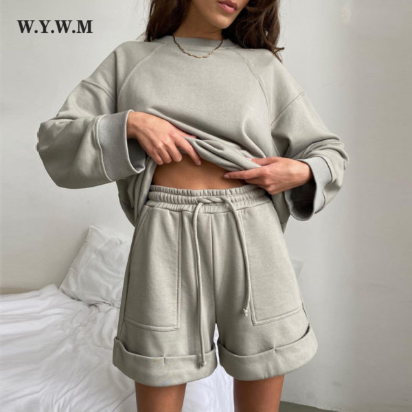 WYWM Spring Summer Cotton Sets Women 2022 New Loose Two Pieces Solid Sweatshirt & High Waist Shorts Pants Suits Casual Tracksuit 2