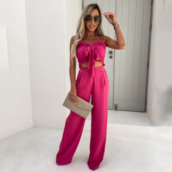 Ardm Sexy Strapless Sleeveless Ruffle White Summer Two Piece Set Women Straight Pants Hollow Out Backless Lace Up Party Trousers 1