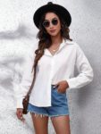 Solid Long Sleeve Front Button Back Cutout Tie Knot Cotton Blouse Women Turn-down Collar Single Breasted Summer Casual Shirts 5