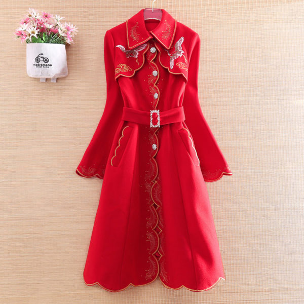 Wool coat 2022 heavy industry embroidery lace up slim temperament wool coat 1