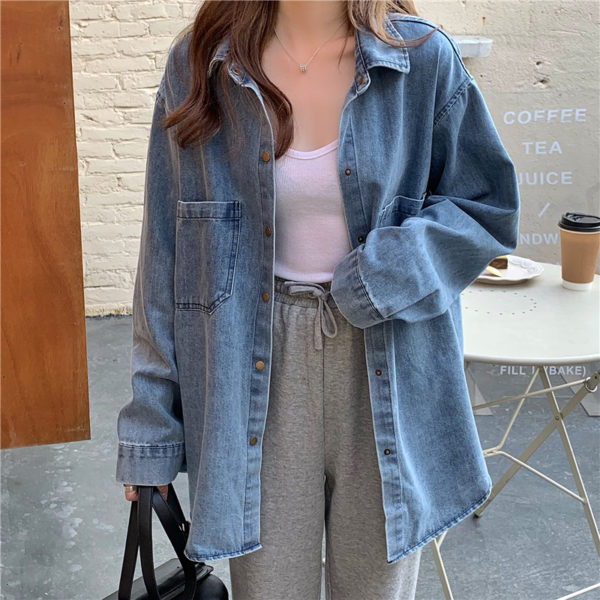 Blue denim women retro Korean long sleeve shirt 1