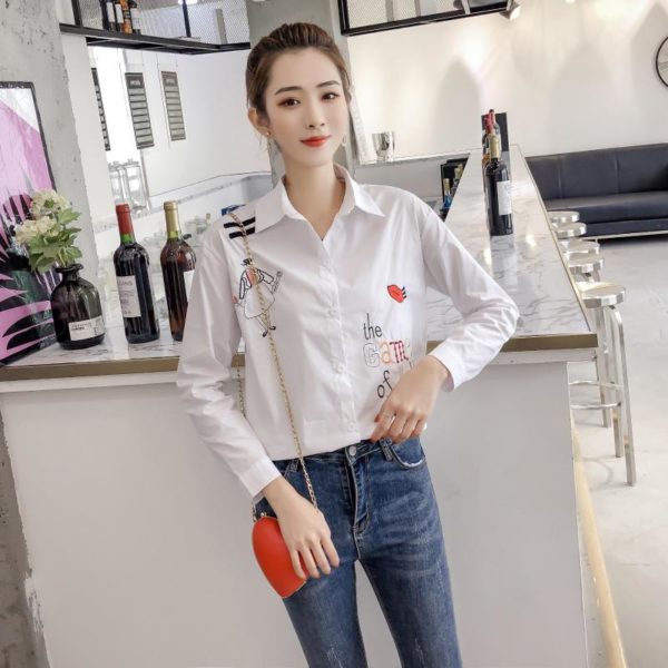 New Arrival Women White Shirt Letter Lip Girl Embroidery Full Sleeve Cotton Blouse Turn Down Collar Plus Size Loose Casual Top 2