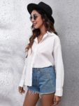 Solid Long Sleeve Front Button Back Cutout Tie Knot Cotton Blouse Women Turn-down Collar Single Breasted Summer Casual Shirts 4