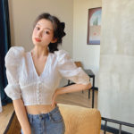 Summer Style White Shirts V-neck Blouses Women's Clothing Fashion Brand Crop Top Female Korean Clothes Puff Sleeve New 2021 5