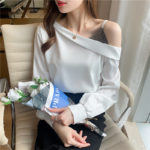 2021 Spring New Sexy off-the-shoulder Collar diamond Splicing Solid Ladies Tops Chiffon Women Shirts Blusas Feminine shirt 692i 6