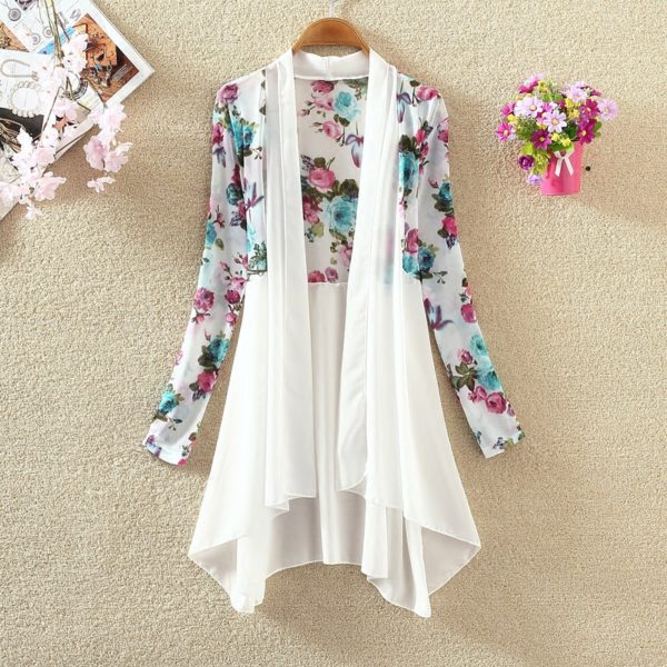 Summer Women's Chiffon Mesh Cardigan Printed Mid-length Shawl Thin Middle-aged Women Air-conditioned Shirt Jacket E93 1