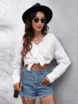 Solid Long Sleeve Front Button Back Cutout Tie Knot Cotton Blouse Women Turn-down Collar Single Breasted Summer Casual Shirts 6