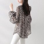 2022 Spring and Autumn New Women's Zebra Print Shirt Temperament Lantern Sleeve V-neck Lace Top Blouse Female All-match 6