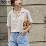 QOERLIN Summer Korean Chic Loose Temperament Short Sleeve White Chiffon Shirt Women's Solid Peter Pan Collar Single Breasted Top 4