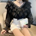 Spring Autumn Sweet Fashion Blouses Women Elegant Beading V-Neck Lace Ruffles Fairy Tops Female Lolita Style Chiffon Shirts 3