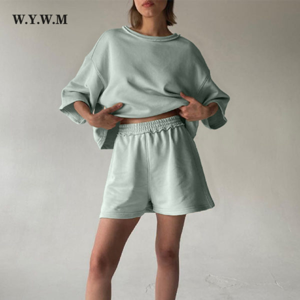 WYWM Summer Cotton Sets Women 2022 New Two Pieces Loose Solid T Shirts and Elastic Waist Shorts Pants Suit Casual Soft Tracksuit 1