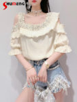 Female 2022 Summer New Korean Style Sweet Beads Rhinestone Blouses Women Fashion Fairy Ruffled Stitching Off-Shoulder Shirt Top 4