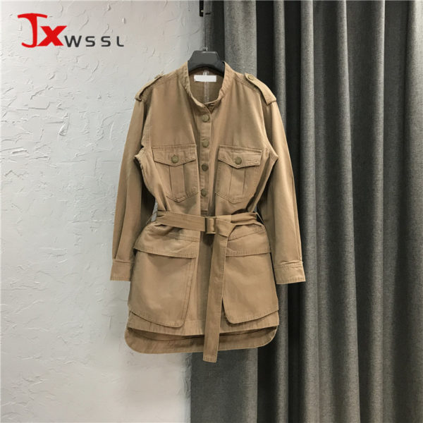 Spring New Women's Khaki Denim Jacket Vintage Big Pocket Work Denim Dress Single-breasted Long-sleeve Short Trench Coat 1