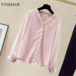 YTNMYOP Sweet Spring Blouse Women Loose Fashion Chiffon V-neck Lady Short Long Sleeve Clothing For Girls Pink White Colors 3