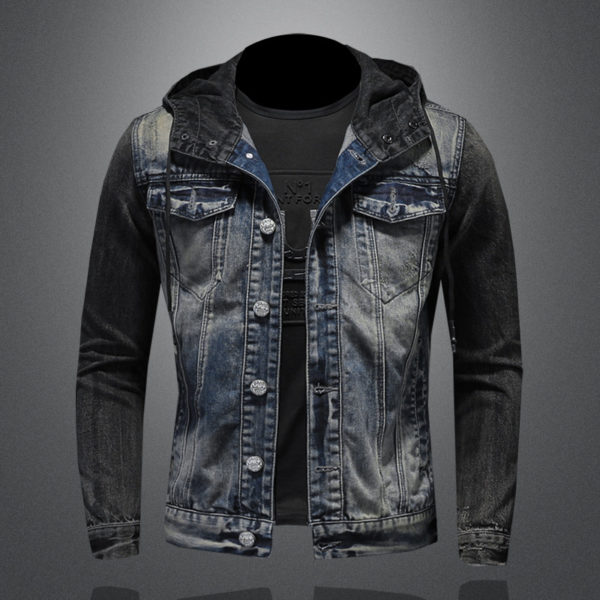 2021 Spring and Autumn New High Quality Men's Patchwork Hooded Single Breasted Slim High Street Long Sleeve Denim Jacket 1