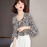 2022 Spring and Autumn New Women's Zebra Print Shirt Temperament Lantern Sleeve V-neck Lace Top Blouse Female All-match 5