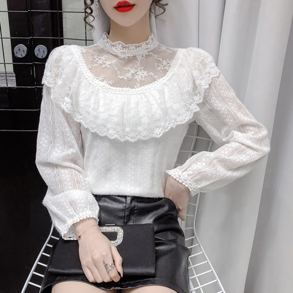 Lace Blouse Women Korean Elegant Style Shirt Female Spring 2021 New Mesh Splicing Ruffled Sweet Temperament Tops White Autumn 1