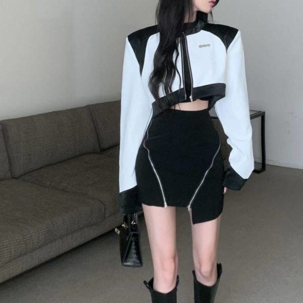 Party Girl Elegant Y2k Female Suits Women Suits Sexy Crop Leather Jacket Black Hollow Shirt High Waist Skirt 3 Piece Zip Skirt 1