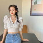 Summer Style White Shirts V-neck Blouses Women's Clothing Fashion Brand Crop Top Female Korean Clothes Puff Sleeve New 2021 1