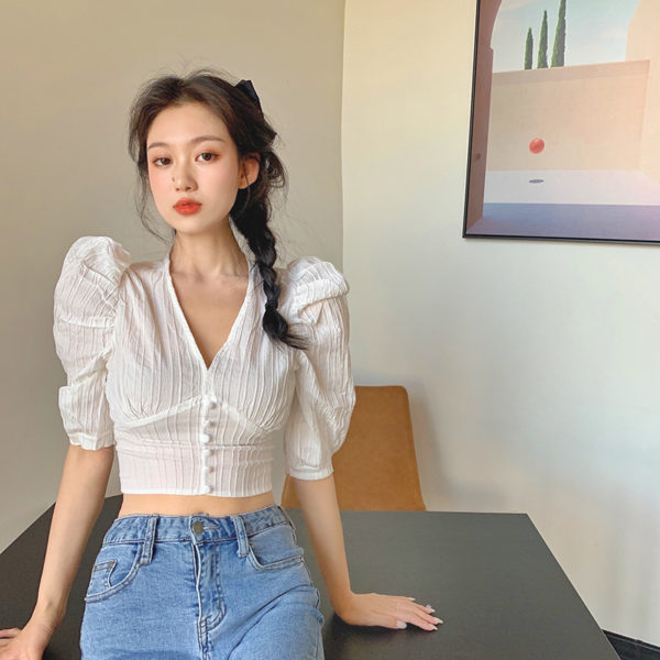 Summer Style White Shirts V-neck Blouses Women's Clothing Fashion Brand Crop Top Female Korean Clothes Puff Sleeve New 2021 1