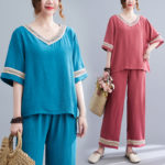 2022 New Soft Cotton Linen Patchwork Hollow Out Chic Fashion T Shirts Wide Leg Pants 2pcs Women Summer Clothes Sets Casul Sets 3