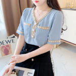 Temperament V-Neck Short-Sleeved Blouse Women 2021 Summer New Korean Simple Style Design Chic Button Casual Tops Ladies Shirt 4