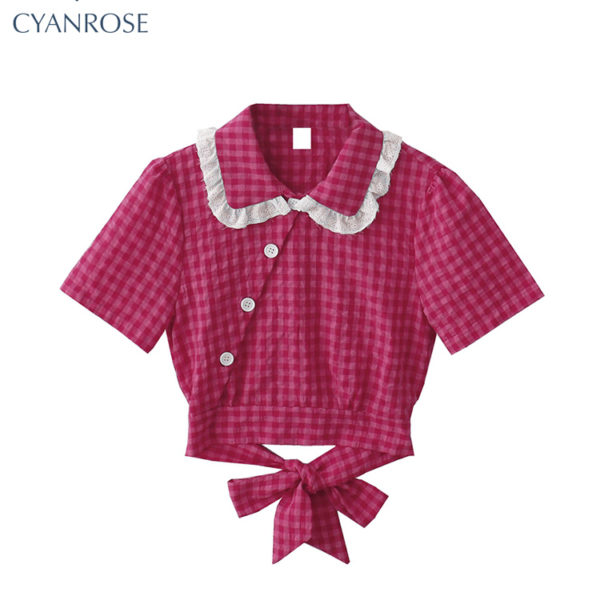 Vintage Plaid Shirt Kawaii Peter Pan Collar Preppy Style Women's Blouses Sweet Short Sleeve Bow Tops 2022 Summer Fashion Clothes 1