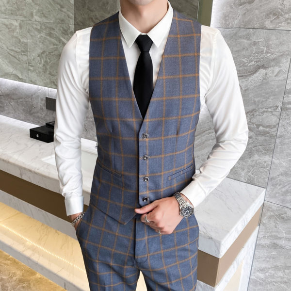 2 Pcs Set Vest Pants / 2022 Fashion New Men's Casual Boutique Lattice Business Slim Suit Waistcoat Trousers 1