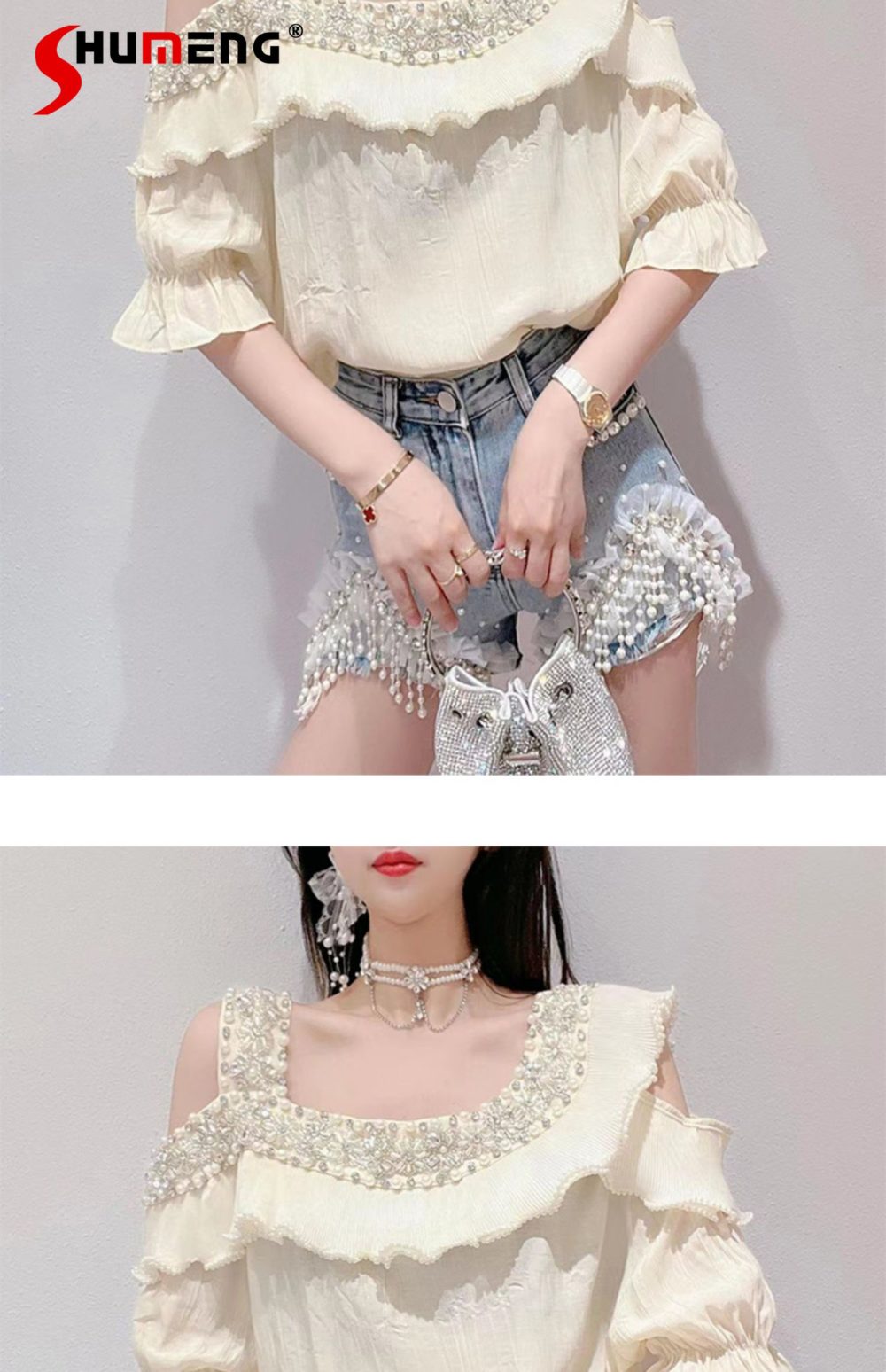 Female 2022 Summer New Korean Style Sweet Beads Rhinestone Blouses Women Fashion Fairy Ruffled Stitching Off-Shoulder Shirt Top 6