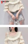 Female 2022 Summer New Korean Style Sweet Beads Rhinestone Blouses Women Fashion Fairy Ruffled Stitching Off-Shoulder Shirt Top 6