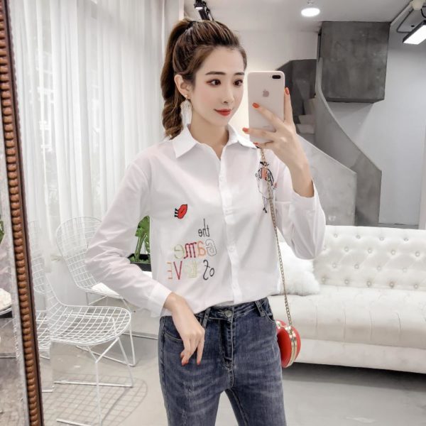 New Arrival Women White Shirt Letter Lip Girl Embroidery Full Sleeve Cotton Blouse Turn Down Collar Plus Size Loose Casual Top 1