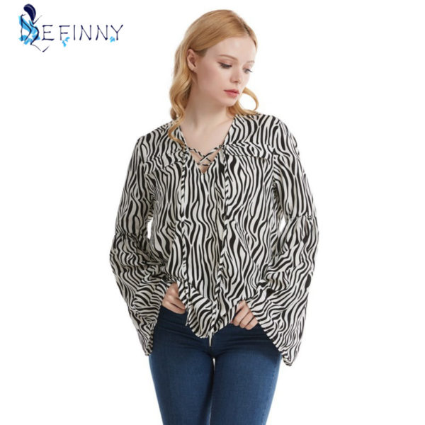 Plus Size Women Zebra Print Striped Blouse Spring Summer Long Sleeve Loose Lace-up V Neck Shirt European American Women's wear 2