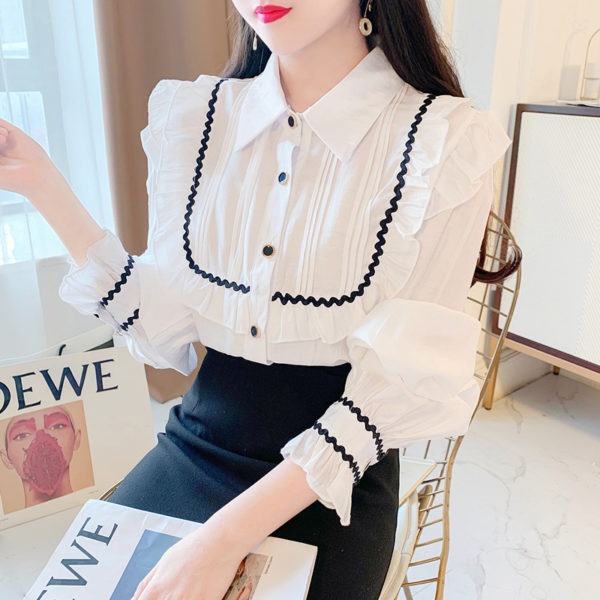 Korean Casual All-Match White Blouse Women2021 Spring New Lapel Ruffle Sweet Fashion Trumpet Sleeve Elegant Style Blouses Autumn 1