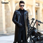 Ladiguard Plus Size Mens Pu Leather Jacket Black Long Overcoats Motorcycle Faux Leather Coats 2021 Single Breasted Top Outerwear 1