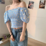 Summer Sweet Style Ladies Trendy Mesh Blouse Short Puff Sleeve Off Shoulder Square Collar Daisy Print Fitting Sexy Cropped Shirt 3