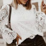 Tops Loose Sexy Hollow Design Long Sleeve Fashion Women Lace Blouses for Daily Wear 1