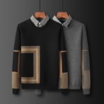 Men Mock Two-Piece Fleece Sweater Winter Thick Knitting Male Geometry Pattern Lapel Long Sleeve Trendy Pullover Knitwear 5