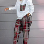 Women Casual O neck Tracksuit set Lady pocket pullover top +long pants Two piece set Lady Fashion Plaid print Pants outfit set 4