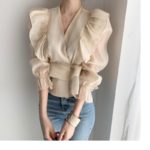 Spring Fashion Sexy V-Neck Long Sleeve Women's Shirt Solid Color Slim Retro Ruffle Sweet Chiffon Thin Shirt Fashion Girl's Top 6